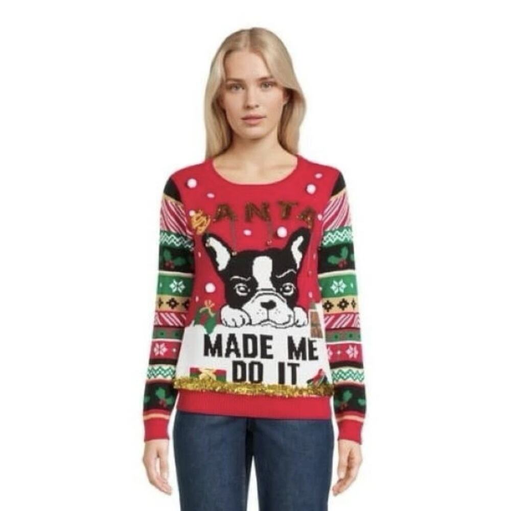 No Boundaries Ugly Christmas Sweater Juniors M (7-9) Boston Terrier Sparkly